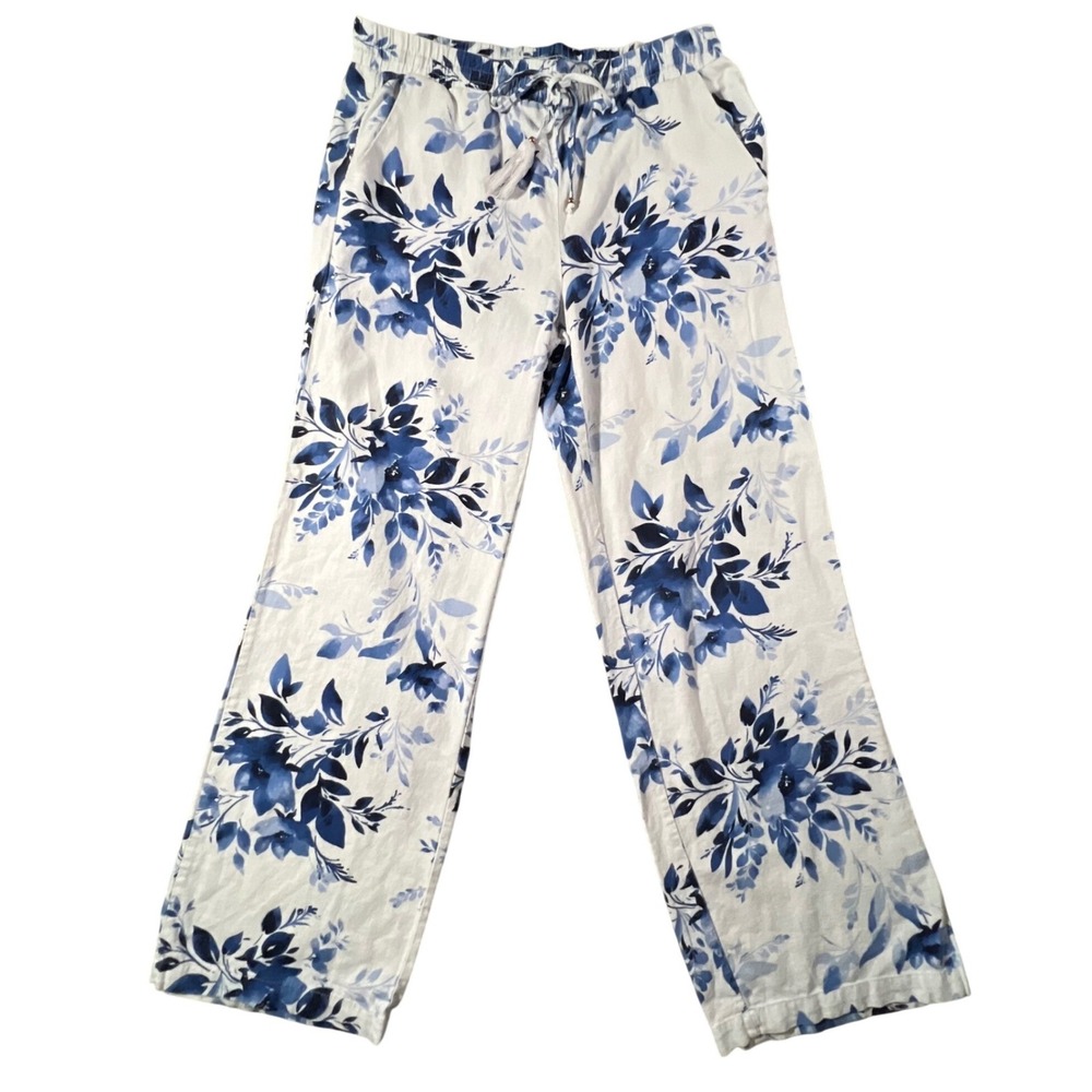 Ellen Tracy Floral Wide Leg Pants Women Small Blue White Linen Blend Tassel Draw